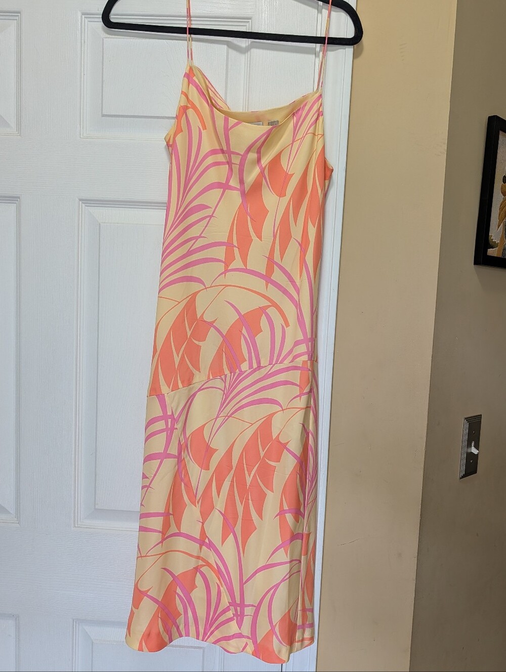 DKNY City Silky Cowl Neck Chiffon Lined Butter Yellow Tropical Midi Dress